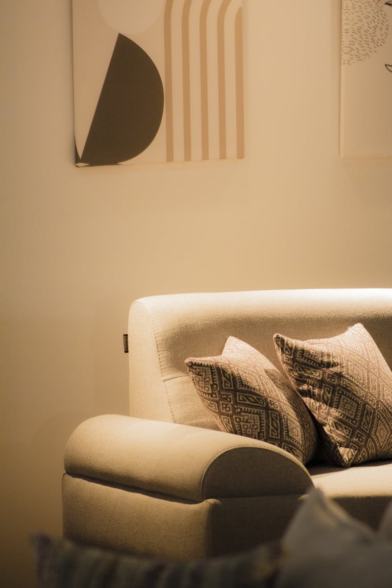 Stylishly decorated sofa with modern cushions and abstract wall art.